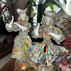 Pair of Murano Italy Hand Blown Glass Musicians • Millefiori Art Glass Figurines