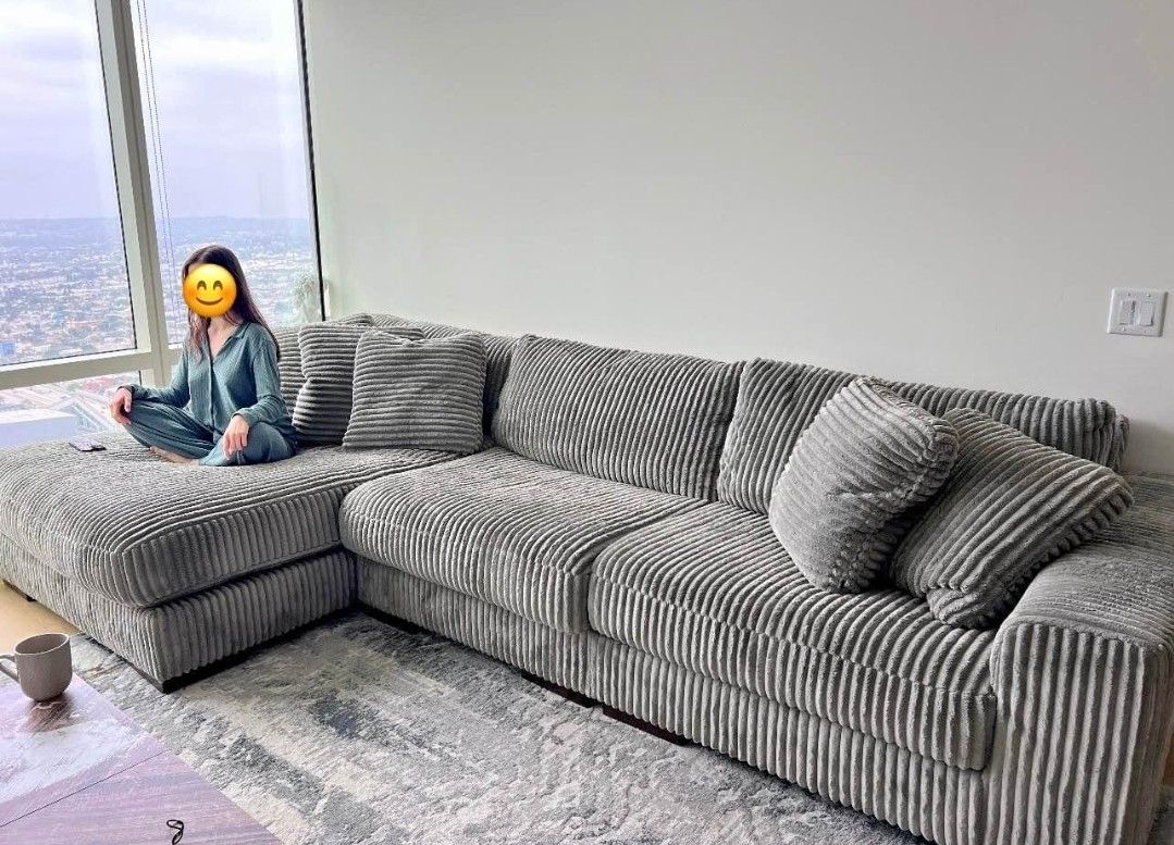 SUPER PLUSH BRAND NEW GREY CORDUROY SECTIONAL SAME DAY DELIVERY