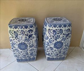 Pair Vintage White & Blue Floral Vine Garden Stool,19" H x 10" W.