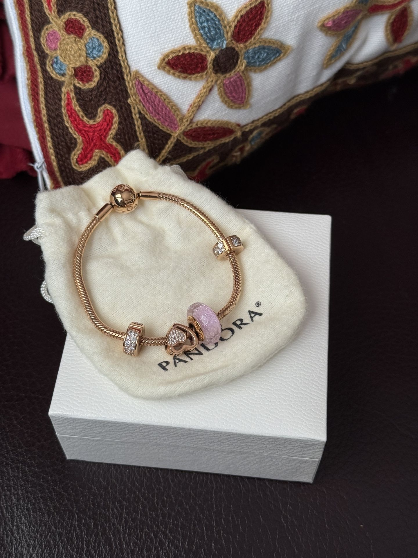 Pandora Rose Gold and Pink Bracelet Snake Chain Design pre owned charms