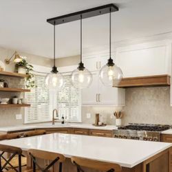 Modern 3-Light Kitchen Island Pendant Light – Matte Black w/ Glass Globes
