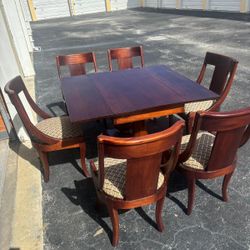 Solid  oak wood dining table with six chairs QW Amish Ashley  double pedestal base and drop leaf.. 48 “ wide, 44" depth , 30 “ high … $900 