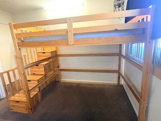 Full-Size Wooden Loft Bed with Staircase