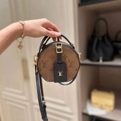 Presbyopia Cowhide Canvas Round Bag Handbag Shoulder Crossbody Bag Mini Women Caramel