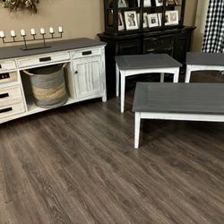 💜 farmhouse tv stand living room table set coffee end side white gray grey wash mesita