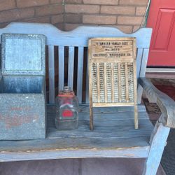 Vintage Milk Storage, Milk Bottle And Wash Board.