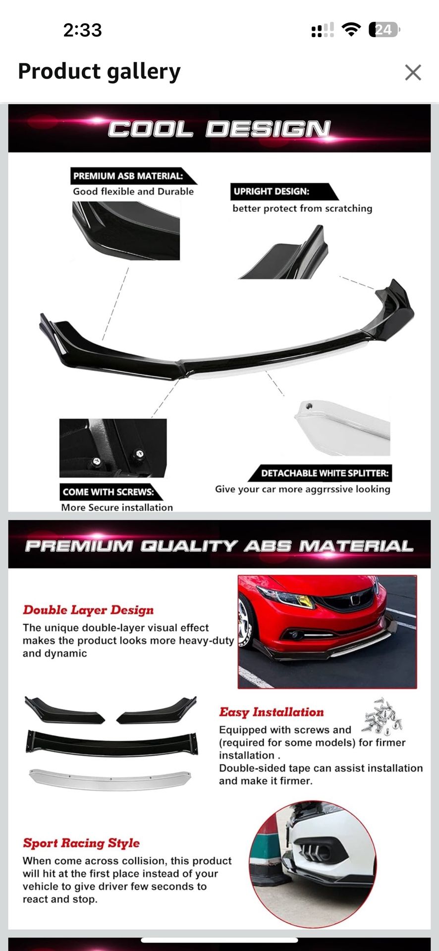 Universal Front Bumper Lip Chin Spoiler Splitter Diffuser Protect Body Kit with Adjustable 10"-13