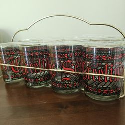 $45.00 - (8) Cocktail Glasses + Serving/Storage Gold Iron Caddy!  MidCentury "Houze" Christmas!  Lowest Price!!