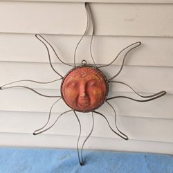 Wrought Iron Sun W/ Terracotta Face Wall Hanging, Yard Art, Patio Decor, 3 AVAILABLE, $35 each
