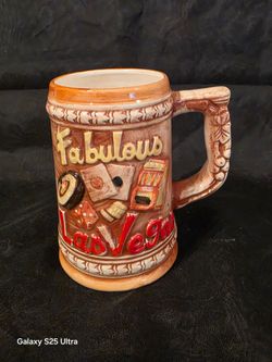 Las Vegas Gambling Ceramic Beer Mug Brown Embossed Painted Dice Cards Decor