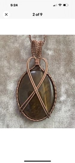 New! Tigers Eye Copper Wrapped Pendant, Chain Necklace 