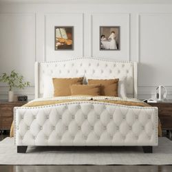 Beige Queen Size Velvet Bed Frame. New In Original Box. 