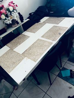 White Wood Dining Table with Black Legs 6 chairs