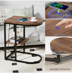 C Shaped End Table with Wireless Charging Station With LED Nightstand