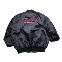 Vintage Chevy Heartbeat Of America Black Satin Bomber Jacket Size Xl