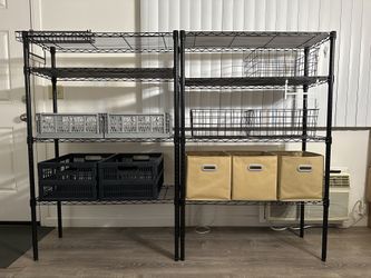 2 Amazon Basics Wire Shelving Units + Liners + Storage Bins