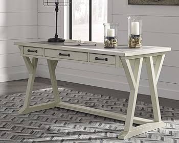 Farmhouse Home Office Desk with Drawers, White & Gray