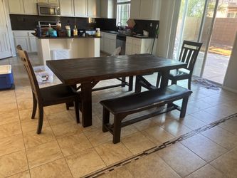 39”x79”Dark Wood Dining Table Set with Bench and Chairs