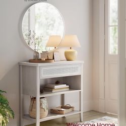 Console Table with Power Outlets, Entryway Table with Storage Shelf, Sofa Table with Drawer, Open Compartment, Rounded Corners, for Living Room, Boho 