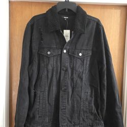 Men's Denim Trucker Black Sherpa Jacket Large 