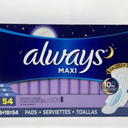 New Always Maxi  Extra Heavy Overnight Flexi Wings 10 Hr Protection 54 Pads