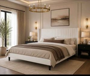King bed Size Velvet Bed Frame with Vertical Channel Tufted Wingback Headboard, Upholstered Platform Bed with Wood Slats, No Box Spring Needed, Easy A