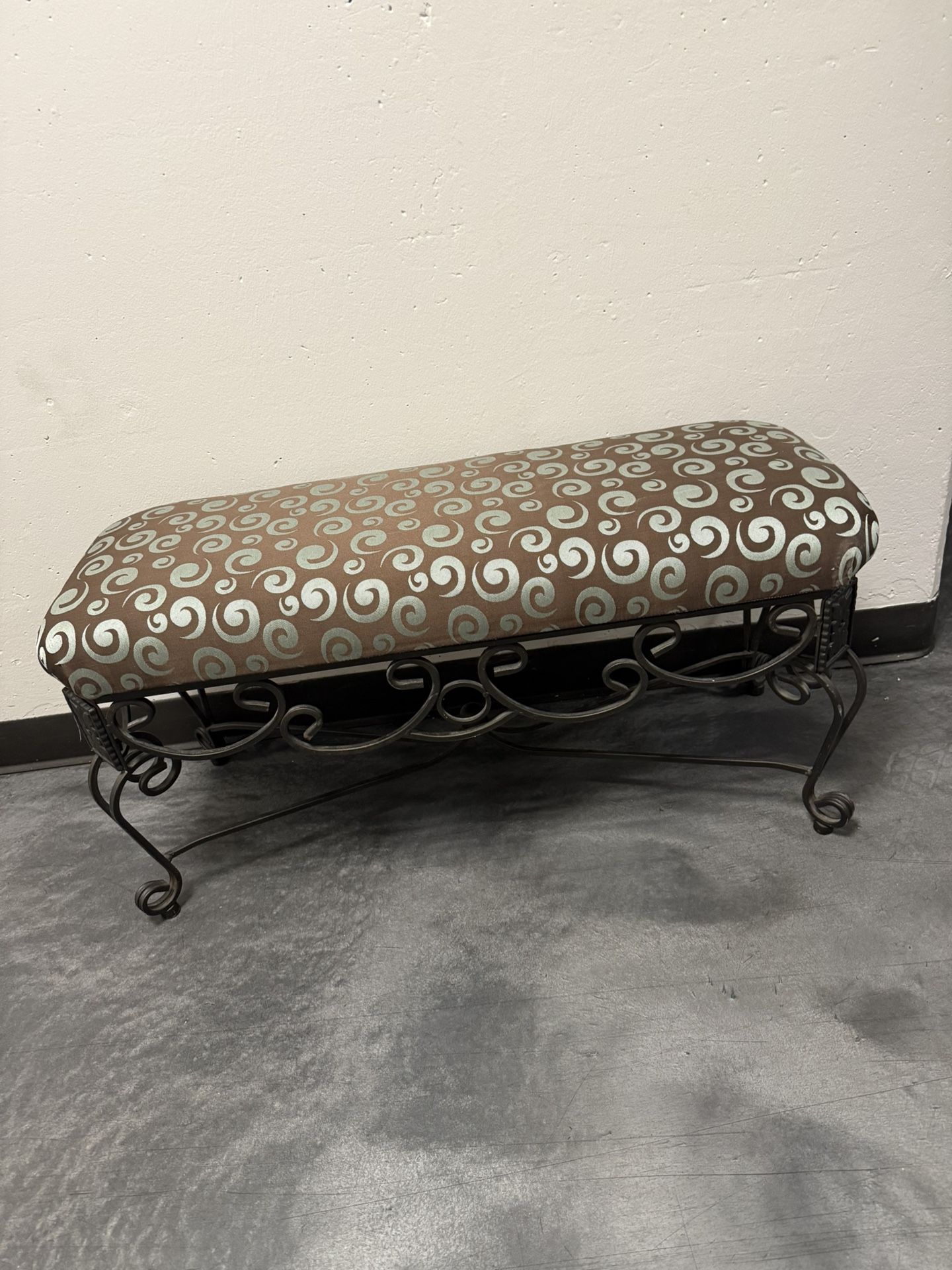 Antique / Vintage Twisted Wrought Iron Bench: Upholstered With green/grey fabric