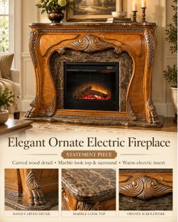 Traditional Ornate Wood Electric Fireplace Marble Accents