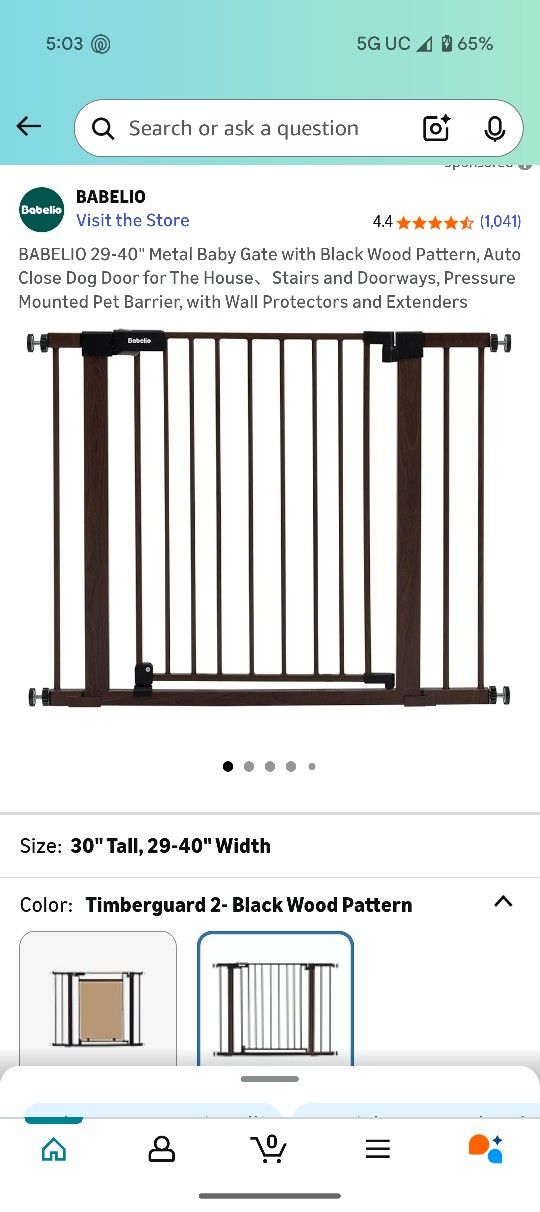 White In Color BABELIO 29-40" Metal Baby Gate with Black Wood Pattern, Auto Close Dog Door for The House、Stairs and Doorways, Pressure Mounted 