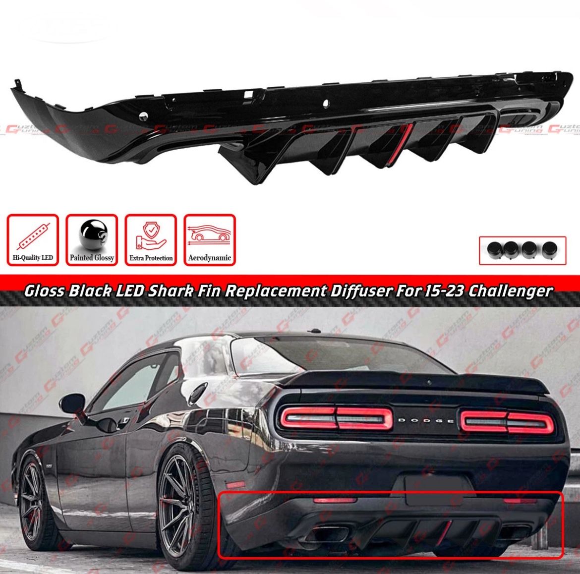 15-23 Dodge Challenger LED Light Gloss Black Rear Bumper Diffuser