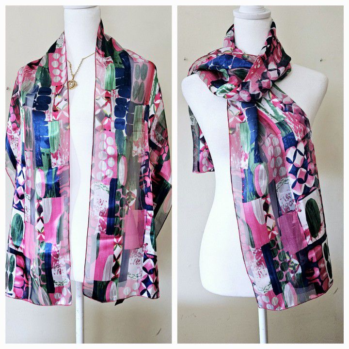 58"×13" Blue Green White Magenta Bright Pink Geometric Artsy Design Pattern Silk Feel 100% Polyester Unisex Scarf. See Through. New without tags! 