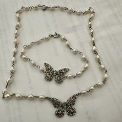 Pearl & Sterling Silver Butterfly Necklace & Bracelet 
