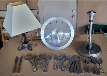 Mixed Home Lot – Clock, Lamp, Flatware & More