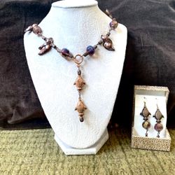 Copper Infused Fish Charmed Beaded Necklace & Earrings-Set