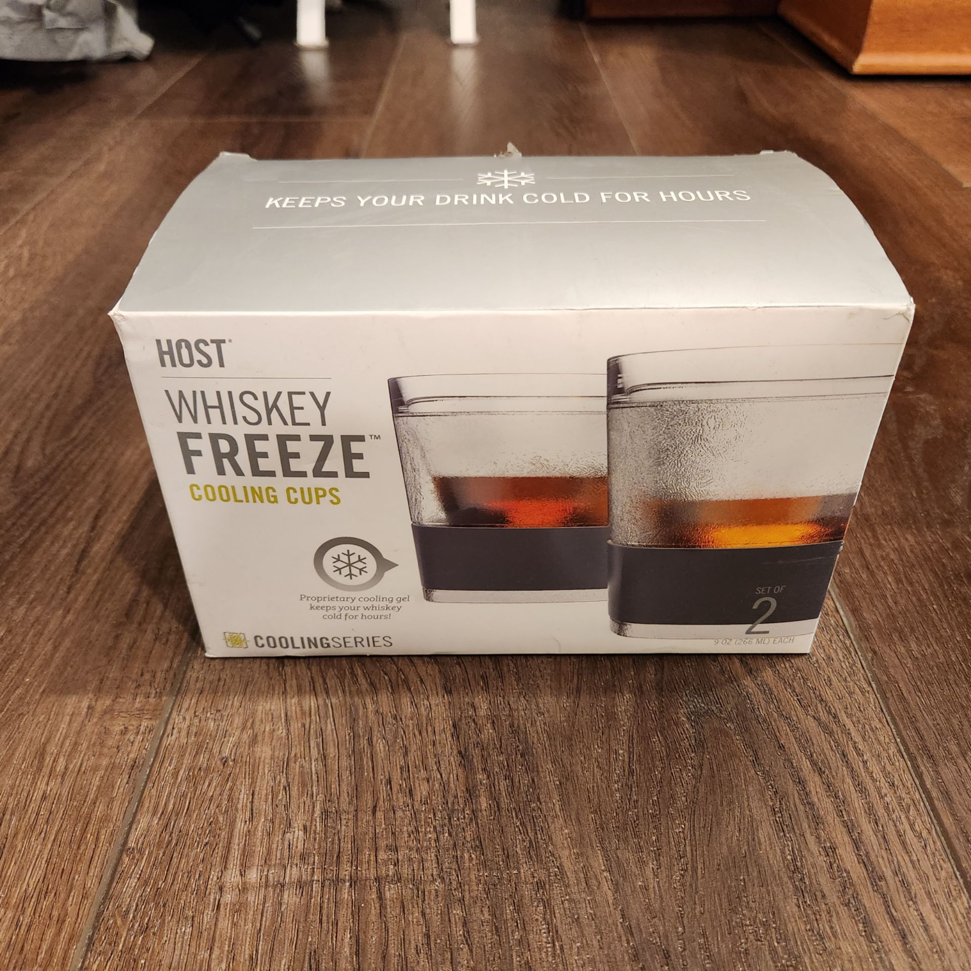 New in box Host Freeze Cooling Cups, Whiskey Glasses, Liquor Gifts, 9oz Set of 2,
