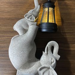 Beige Outdoor Elephant Statue with Hanging Lantern – Weather-Resistant Garden Accent