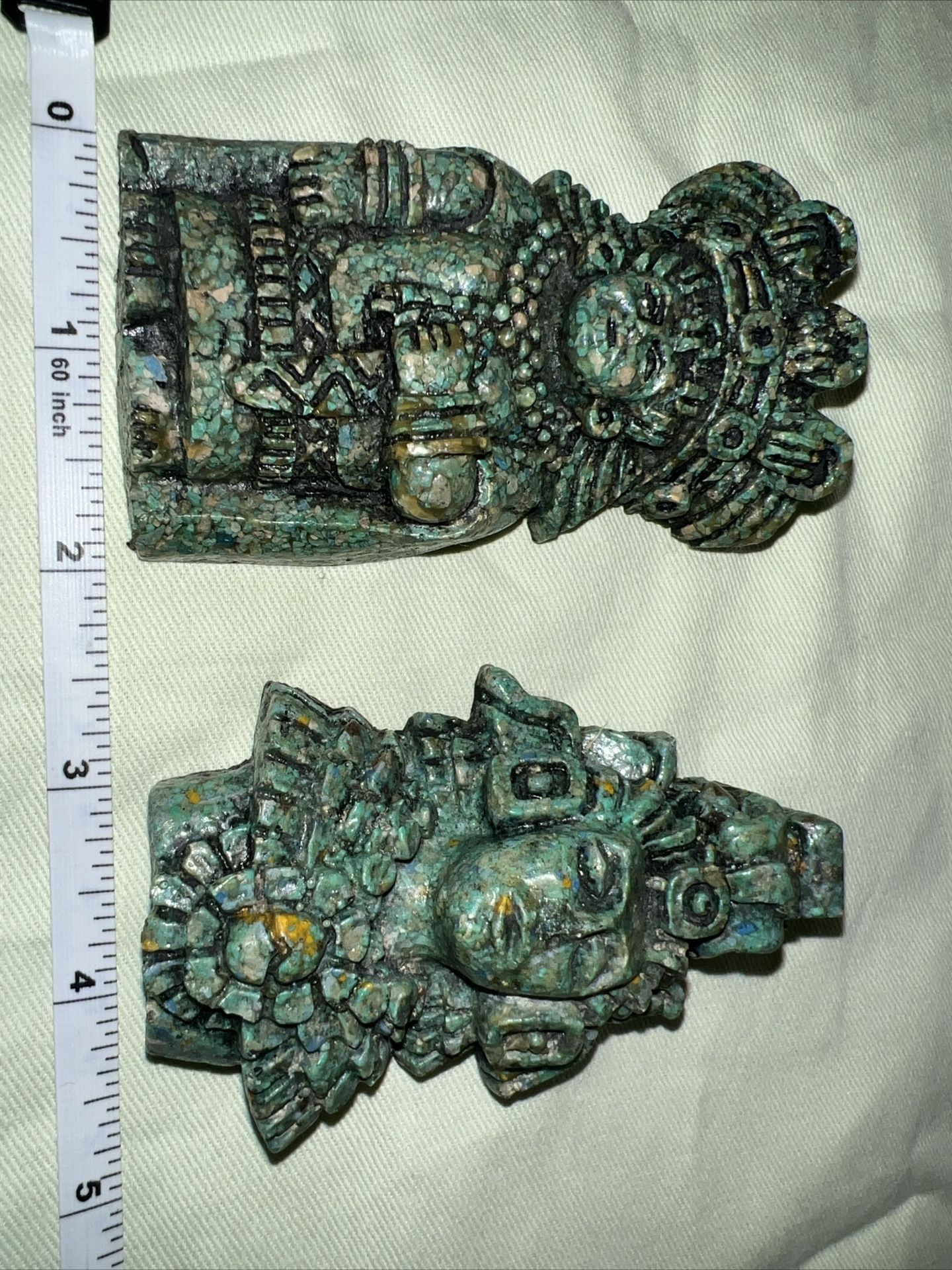 Pair (2) Of Mexican Stone Wall Hanging Sculptures Malachite Crushed