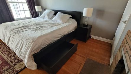 Modern espresso bed frame and headboard (Standard King) with 4 under drawers and 2 nightstands