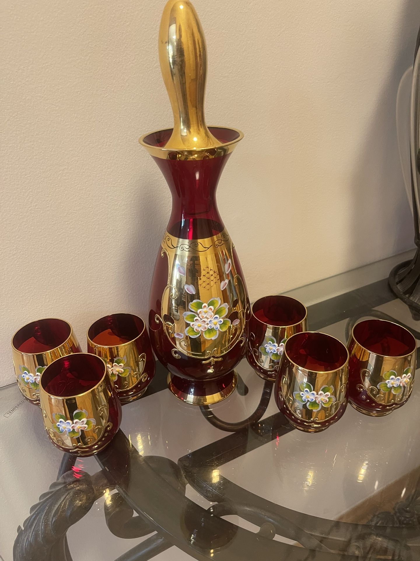 Vintage Bohemian Crystal Pitcher With Shot Glasses