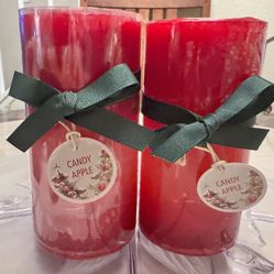 Pair Of Pier 1 Candy Apple 3”x6” Pillar Candles NOS Holiday Scent Red Christmas