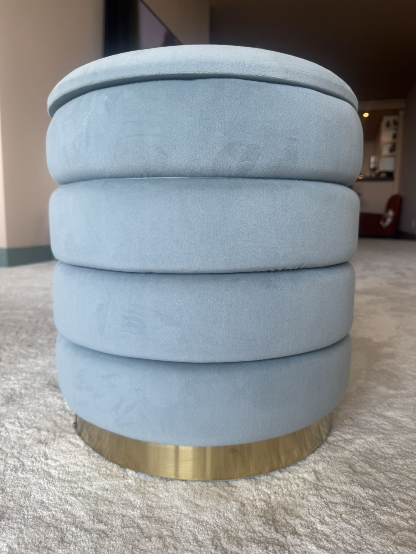 3 New Baby Blue Velvet & Gold Storage Pod Ottomans Or Foot Stools