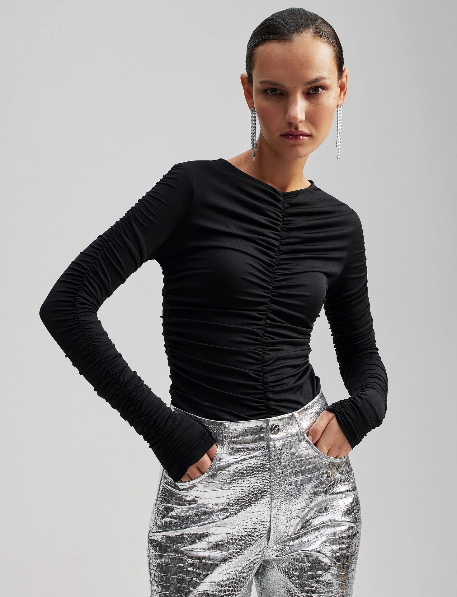 By Malina Lydia Draped Jersey Top – Black – Size S/M