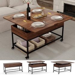 Lift Top Coffee Table, 3in1 Folding Rolling Coffee Tables with Storage Drawer Push Opening, Metal Frame Wood Center Table for Living Room T