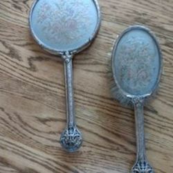 1930's Brass Mirror and Hairbrush made with Horsehair 