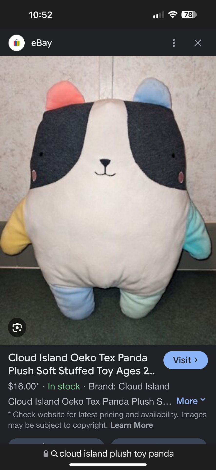 Cloud Island Panda Plush 15" Stuffed Pillow Color Block Oeko Tex