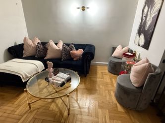 Bundle Deal (like brand new) Black velvet couch and Gold round coffe table
