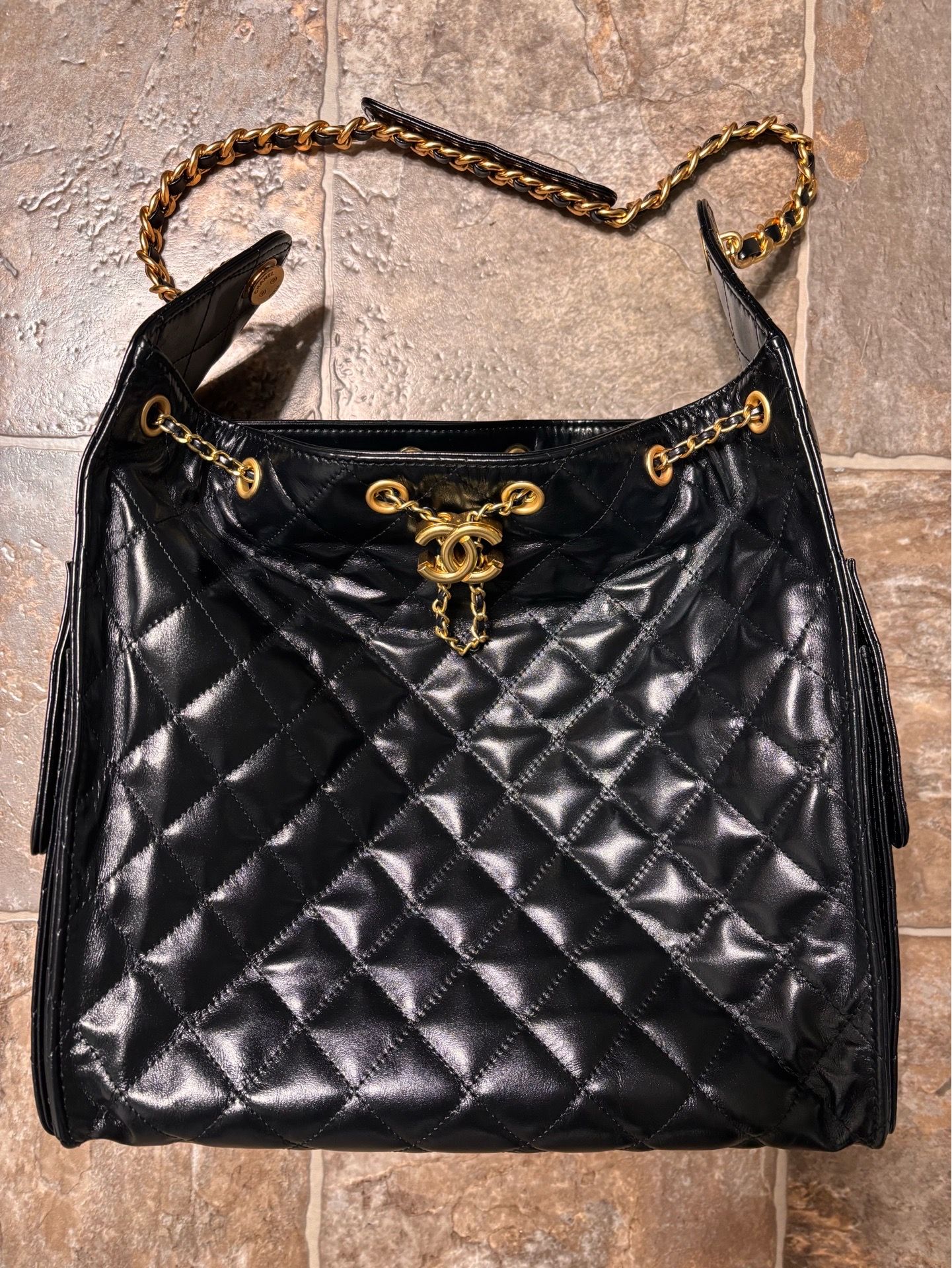 Chanel 25 Large Black Leather Handbag Shoulder Bag
