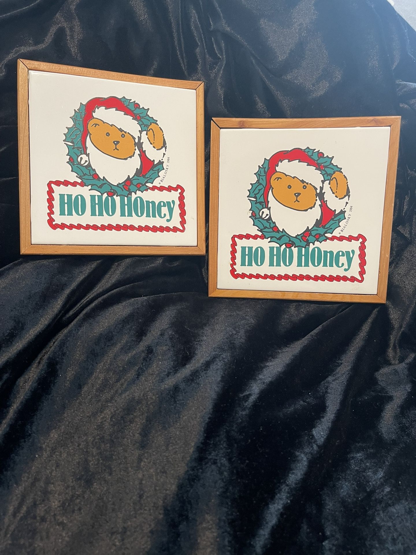 Ho Ho Honey Tile Christmas Trivets Wood Frame 7”x7”