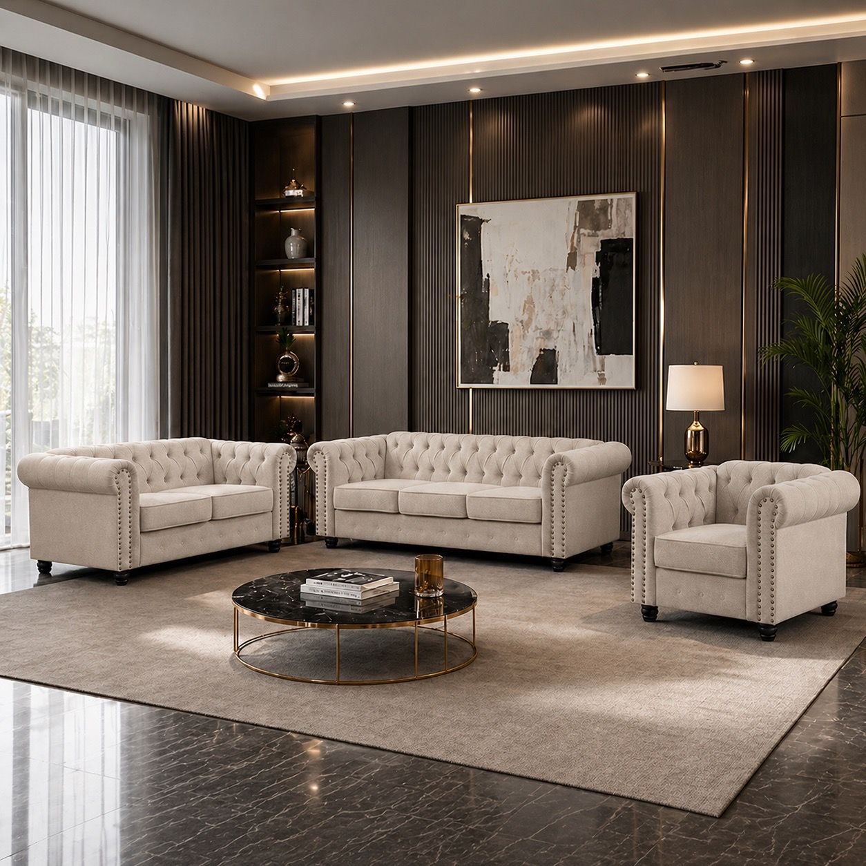 3 - Piece Living Room Set,Living Room Sofa Set, Chesterfield Sofa and loveseat and Chair Set, Linen Fabric, Beige