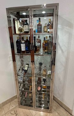Modern Stainless Steel & Glass Wine / Liquor Display Cabinet with LED Lighting